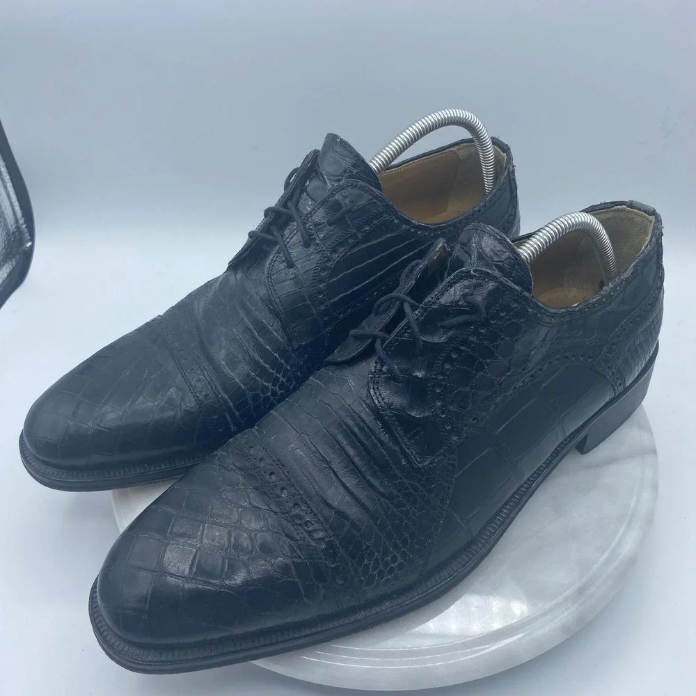 David Eden Mens 12 Oxford Black Genuine Nile Crocodile Brogue Cap Toe Lace Up